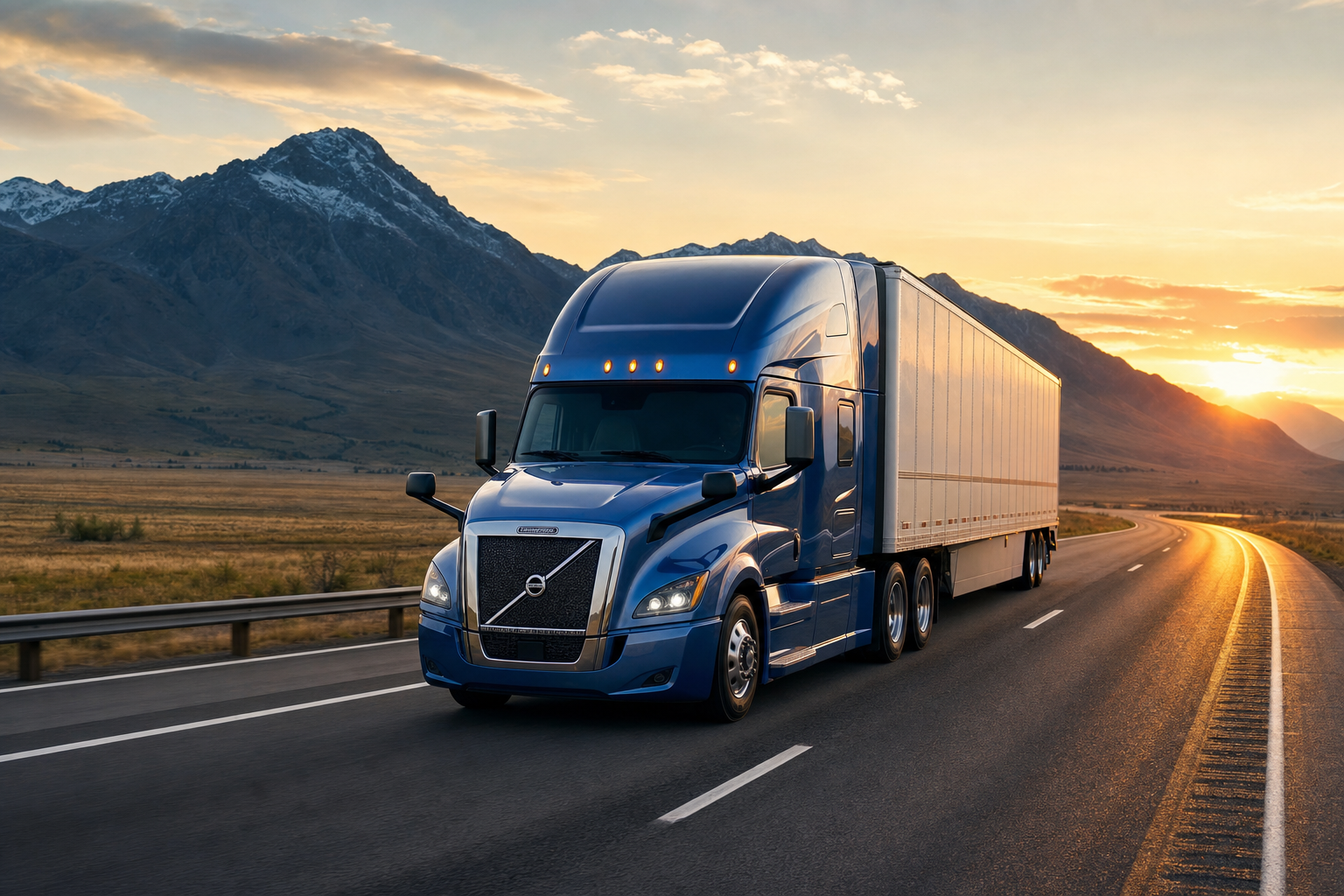 A semi-truck traveling on a highway at sunset.