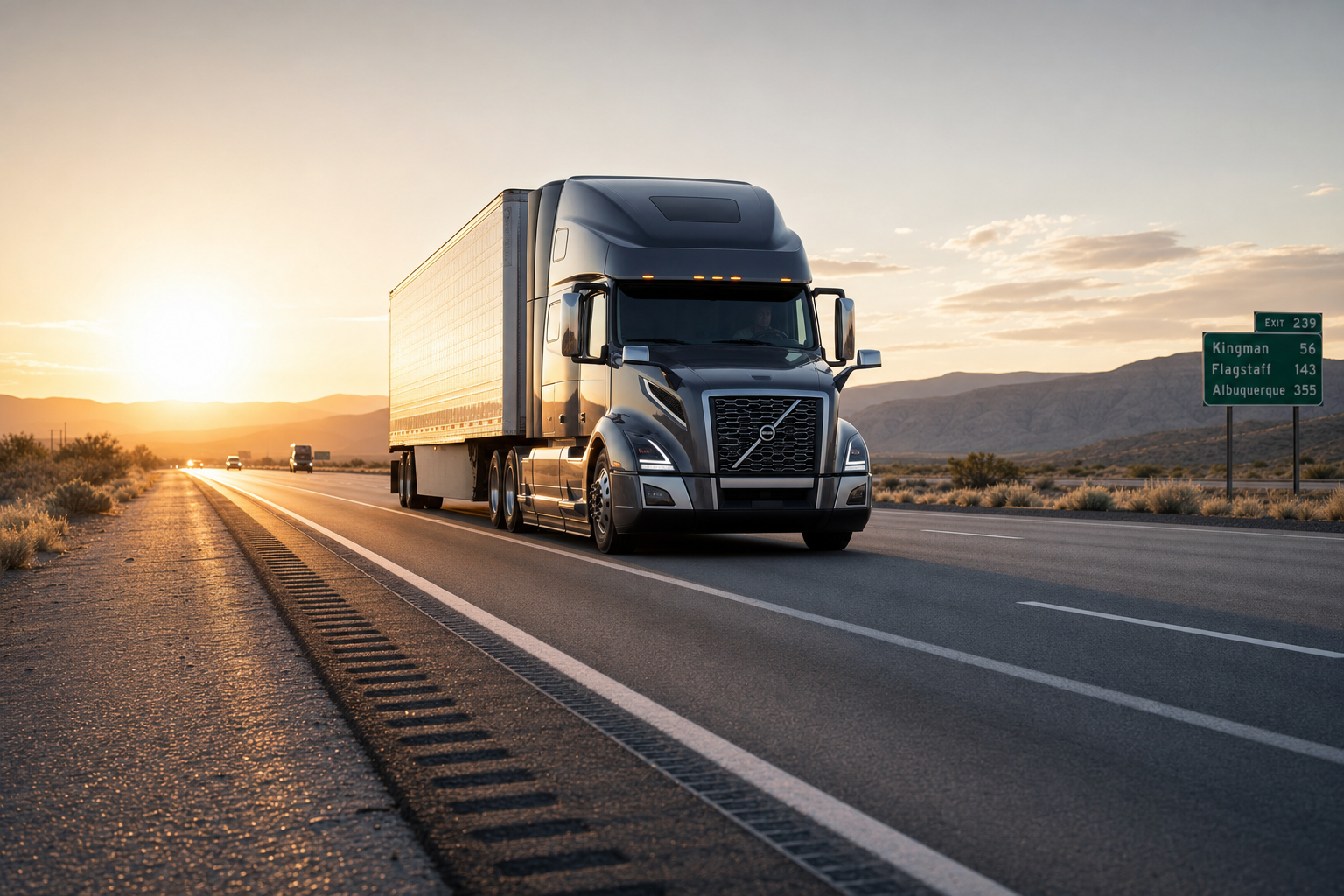 A semi-truck driving down a wide, empty interstate highway at sunrise.
