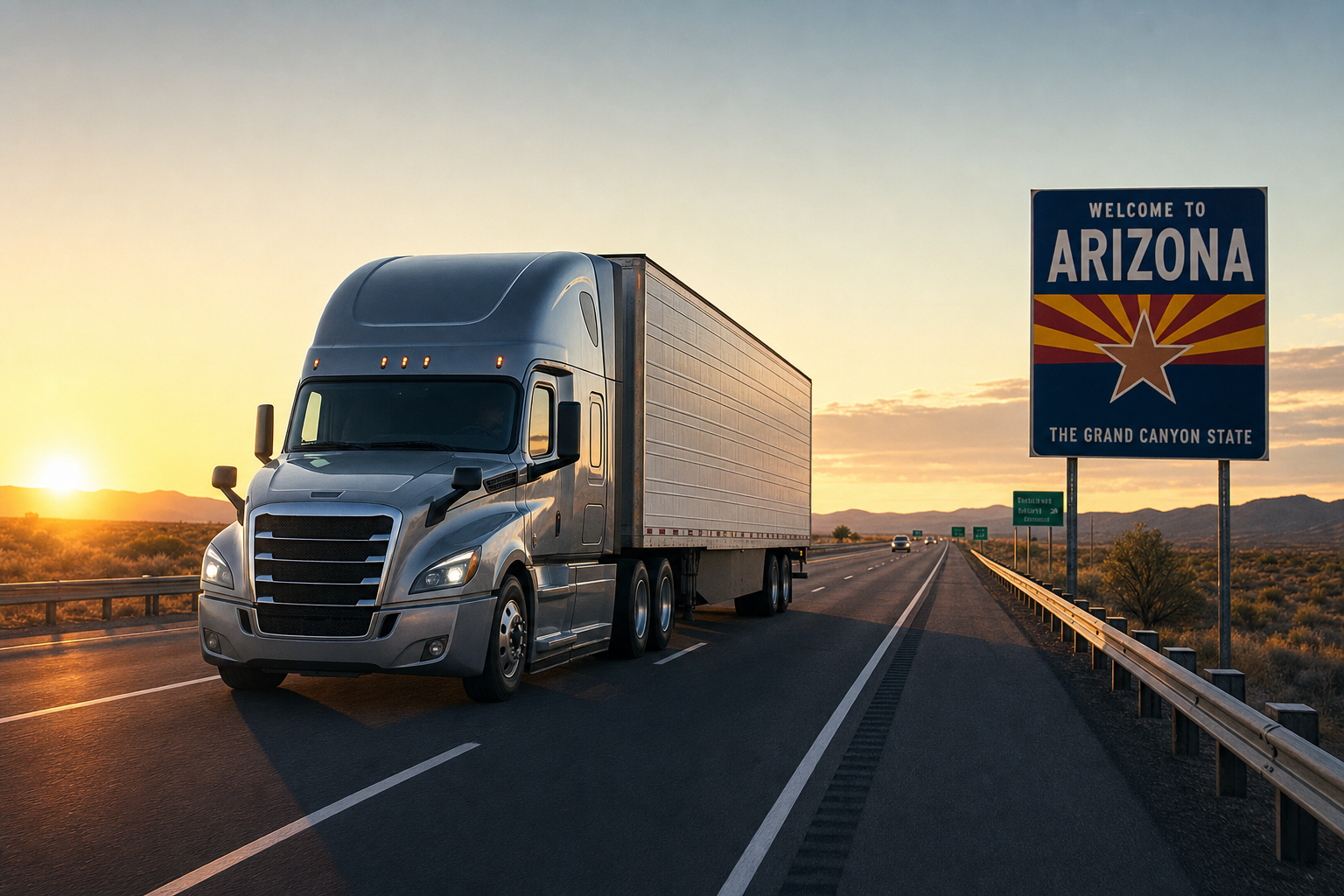 A semi-truck traveling on a highway, representing interstate commercial vehicle logistics and travel.