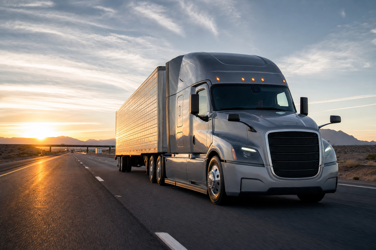 A heavy-duty semi-truck traveling on an open interstate highway during the golden hour.