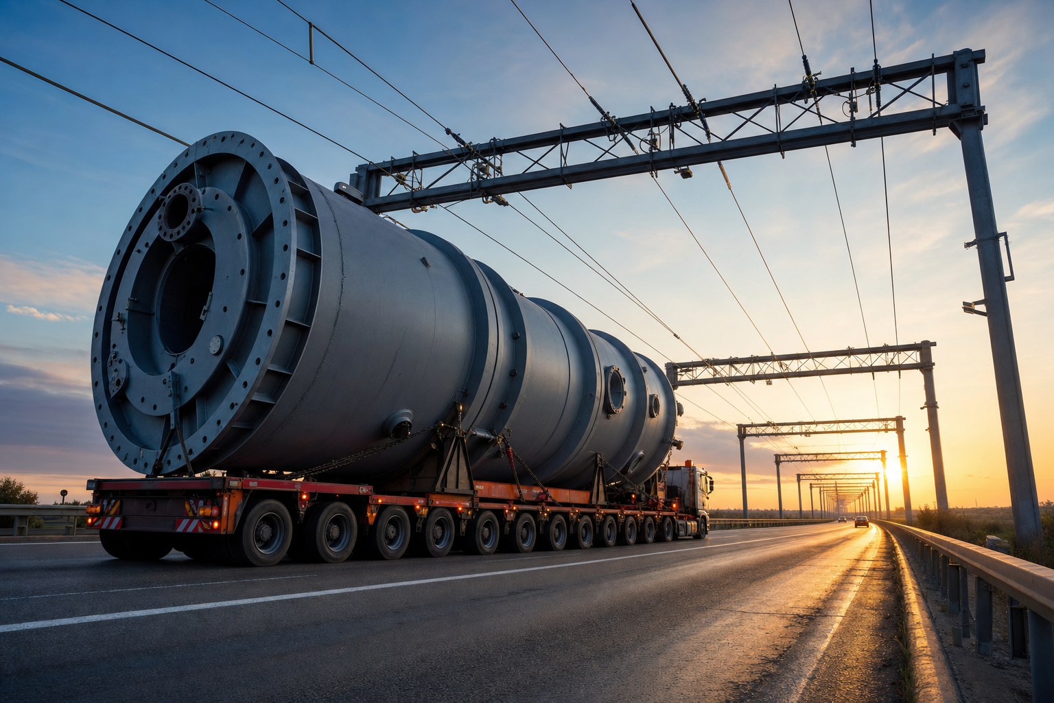 A heavy-haul trailer carrying a massive industrial load on a highway designed for high clearance.
