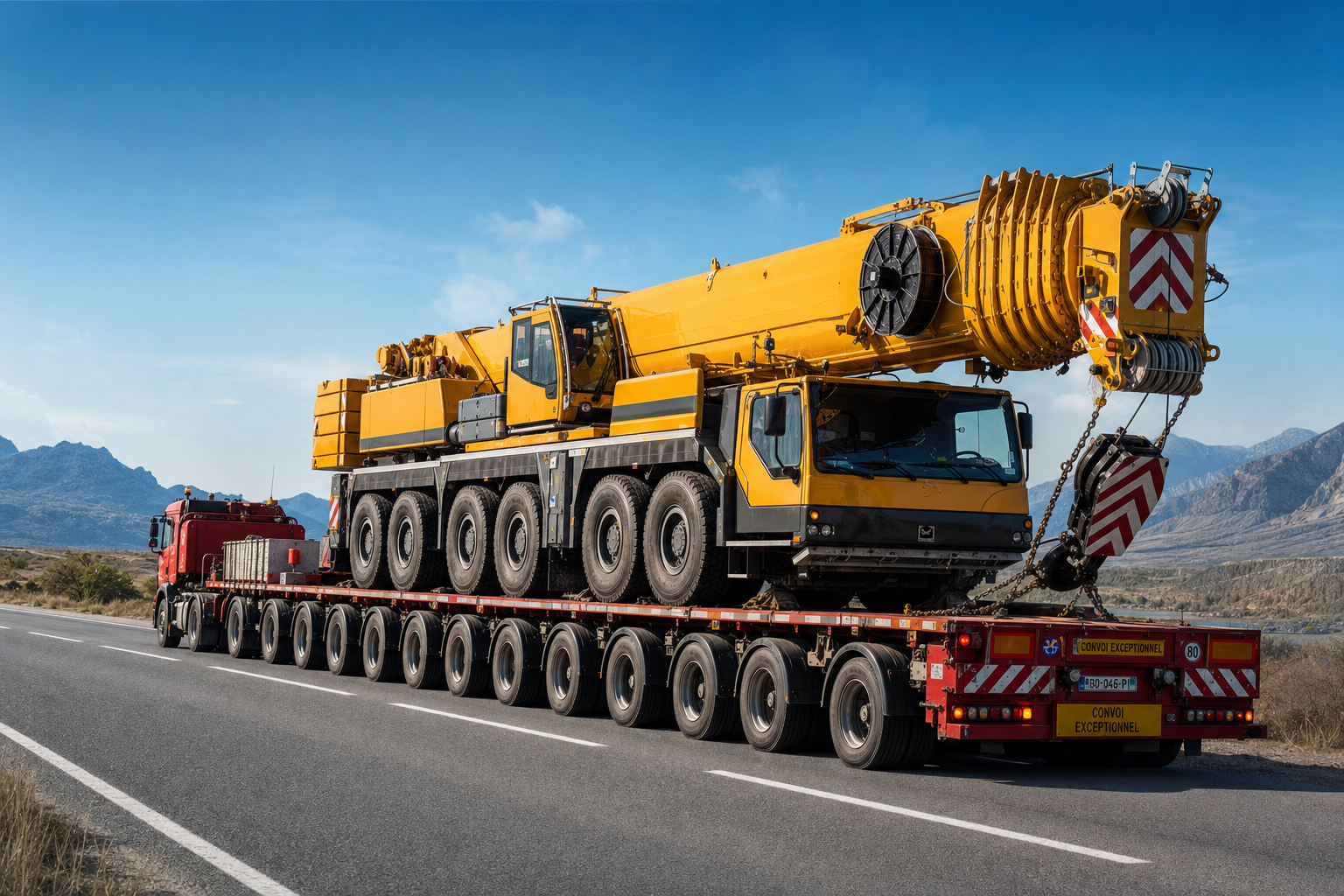 A massive yellow mobile crane on a specialized multi-axle trailer driving down a wide highway.