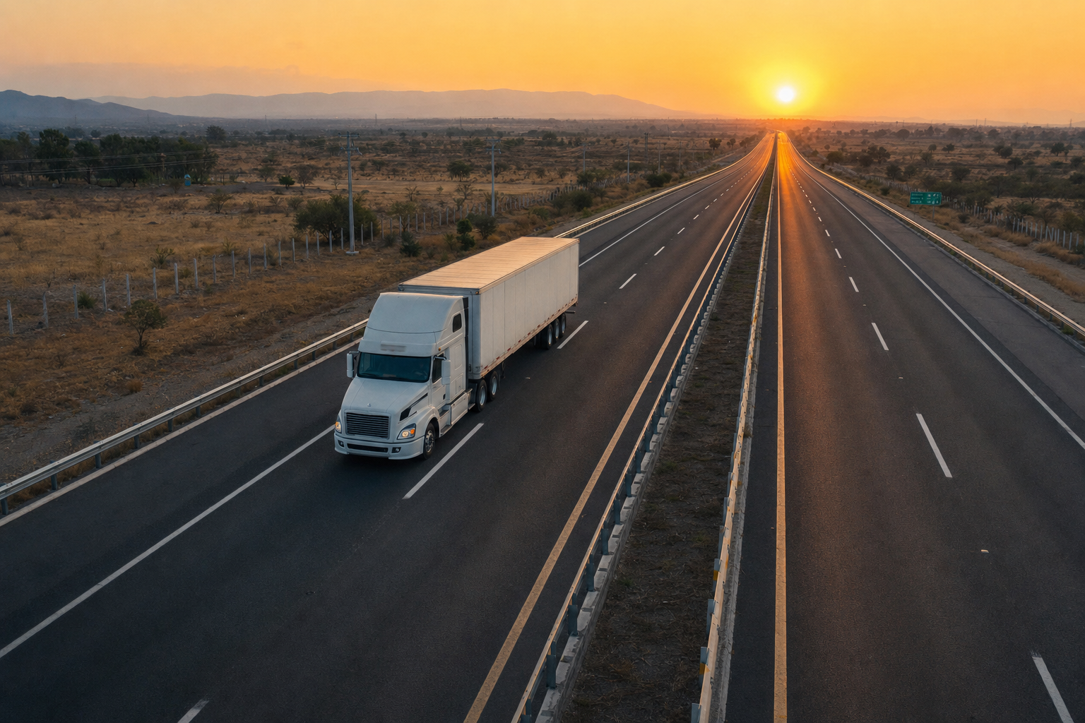 A tractor-trailer driving along a wide, paved highway at sunset, illustrating the intersection of logistics and infrastructure.
