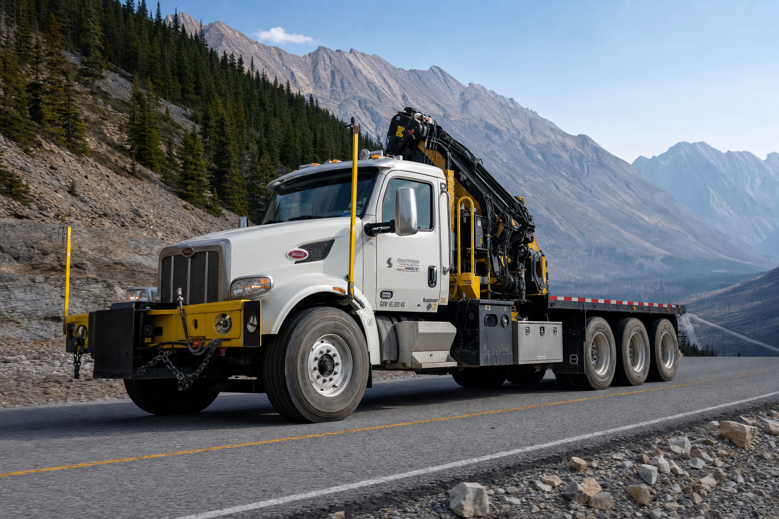 A heavy-duty industrial truck with a front-mounted crane driving on a scenic highway.