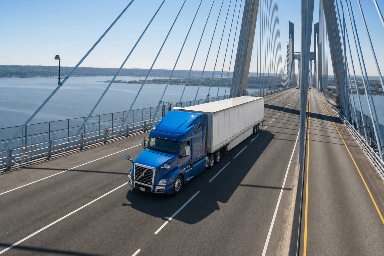 A semi-truck driving across a bridge on a wide highway, symbolizing commercial logistics and road weight regulation.